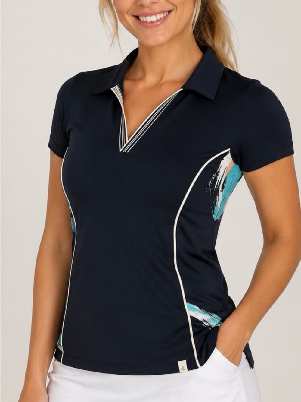 Lady Hagen Navy Polo Top with Teal Brushstroke Accents Small V Neck